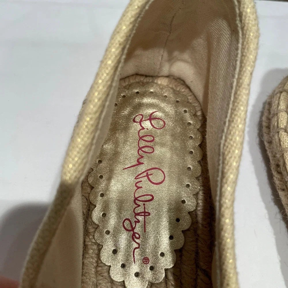 Lilly Pulitzer Womens Gold Metallic Canvas Espadrille Flats Shoes Size 8